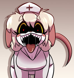 anthro bent_over blonde_hair blush bodily_fluids breasts clothing eyelashes female hair hat headgear headwear looking_at_viewer nurse_clothing nurse_hat nurse_headwear nurse_uniform open_mouth round_ears saliva sharp_teeth smile solo tail teeth tongue tongue_out uniform white_body wide_hips yellow_sclera kaiser_grr terrible_mouse lorna_(terrible_mouse) house_mouse mammal mouse murid murine rodent