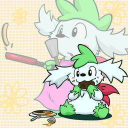 3_toes abstract_background ambiguous_gender apron blush brown_nose clothing cooking cutlery eating feet feral flipping food fork fur green_body green_fur kitchen_utensils open_mouth pancake simple_background solo syrup toes tools white_body white_fur kaba nintendo pokemon generation_4_pokemon legendary_pokemon pokemon_(species) shaymin sky_forme_shaymin 1:1 low_res
