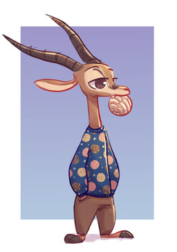 anthro barefoot biped border bread clothed clothing feet food half-closed_eyes hand_in_pocket hands_in_both_pockets horn male mouth_hold narrowed_eyes pockets simple_background solo standing sweater topwear white_border fuel_(artist) disney zootopia chico_(fuel) fan_character antelope bovid mammal 2018 hi_res