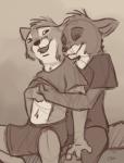 anthro duo eyes_closed hand_up_shirt hug hugging_another hugging_from_behind male male/male simple_background tuke canid canine fox mammal 2016 hi_res