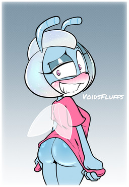 antennae_(anatomy) anthro blue_body blush book border bottomless bottomless_anthro bottomless_female butt clothed clothing dress embarrassed female gloves handwear holding_book holding_clothing holding_object holding_shirt holding_topwear insect_wings looking_at_viewer raised_clothing raised_dress shirt simple_background smile solo standing topwear white_border wings voidsdroids idw_publishing sega sonic_the_hedgehog_(comics) sonic_the_hedgehog_(idw) sonic_the_hedgehog_(series) jewel_the_beetle arthropod beetle insect digital_media_(artwork) hi_res