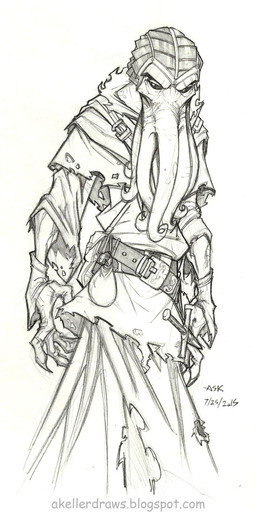 anthro belt black_sclera claws clothed clothing dagger face_tentacles headgear melee_weapon robe simple_background solo tentacles text torn_clothing weapon white_background andrew_keller critical_role dungeons_and_dragons hasbro wizards_of_the_coast clarota aquatic cephalopod mind_flayer mollusk greyscale hi_res monochrome url