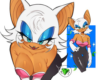 anthro armwear big_breasts big_ears black_bodysuit black_clothing black_nose black_skinsuit blue_background blue_eyeshadow bodysuit breasts cleavage clothed clothing elbow_gloves eyelashes eyeshadow female front_view fur gem gloves green_eyes hand_on_hip handwear head_tuft jewelry looking_at_viewer makeup necklace open_mouth open_smile pearl_(gem) pearl_necklace simple_background skinsuit smile solo sparkles speech_bubble thick_thighs thigh_gap tight_clothing tuft white_background white_body white_clothing white_fur white_gloves white_handwear wide_hips fruitcrunchi sega sonic_the_hedgehog_(series) rouge_the_bat bat mammal hi_res pictographics