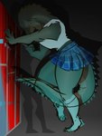 ambiguous_gender anthro bully clothing curled_tail female liminal_spaces locker_room night plaid school_uniform shadow solo tail uniform greenpolygon humanoid scalie 3:4 absurd_res hi_res