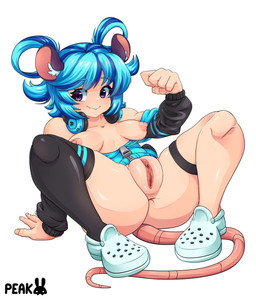 areola big_vulva blue_clothing blue_hair blue_headphones blue_jacket blue_topwear breasts butt butt_from_the_front clitoral_hood clitoris clothing exposed_breasts eyebrow_through_hair eyebrows female footwear genitals hair hand_on_ground jacket legband legwear light_body light_skin looking_at_viewer mouse_ears nails nipples paw_pose pose presenting presenting_vulva purple_eyes rat_tail sitting sitting_on_ground solo tail thigh_highs topwear translucent translucent_hair vulva peakedcomedy_(artist) crocs sinikka_(peakedcomedy) humanoid mammal mouse murid murine rodent hi_res