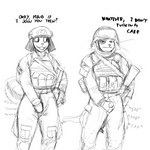 1:1 2019 anthro armor bucky_(hladilnik) canid canine canis clothing dialogue domestic_cat domestic_dog duo english_text felid feline felis female headgear helmet hi_res hladilnik male mammal masturbation masturbation_through_clothing military monochrome samantha_thott simple_background tail tail_motion tailwag text