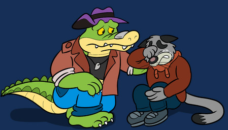 anthro biped bodily_fluids bottomwear clothing crying duo green_body grey_body hat headgear headwear hoodie humanoid_hands pants sad shirt sitting tears topwear jolly_the_lizard brok_the_investigator cowcat_games brok_(brok_the_investigator) graff_filsh alligator alligatorid crocodilian domestic_cat felid feline felis mammal reptile scalie 2022 alpha_channel