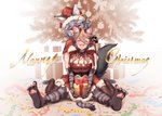 animal_arms animal_legs barefoot belt big_breasts blush breasts brown_hair choker cleavage clothed clothing cute_fangs duo eyes_closed fangs feet female gift grey_hair hair holidays jewelry legwear necklace pawpads sitting smile stockings teeth nekoarashi christmas asagaya_rin yagatake_arashi animal_humanoid canid canid_humanoid cat_humanoid felid felid_humanoid feline feline_humanoid humanoid mammal mammal_humanoid 2019