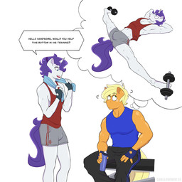 anthro anthrofied athletic_wear blonde_hair bulge clothing crossgender duo exercise fingerless_gloves flexible ftm_crossgender fur gloves greeting hair handwear horn male purple_hair sitting stretching tan_body tan_fur text weightlifting white_body white_fur workout shallowwin friendship_is_magic hasbro my_little_pony mythology applejack_(mlp) rarity_(mlp) earth_pony equid equine horse mammal mythological_creature mythological_equine pony unicorn 1:1 english_text hi_res