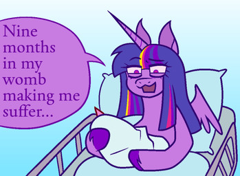 bed duo female feral fetlocks furniture hooves horn hospital_bed neonate simple_background solo wings young dapper_lil_arts friendship_is_magic hasbro my_little_pony mythology nine_months_in_my_womb_making_me_suffer twilight_sparkle_(mlp) equid equine mammal mythological_creature mythological_equine winged_unicorn meme