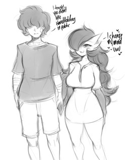 bandage bangs black_hair blush bottomwear breasts clothed clothing dialogue dress duo female hair hair_over_eyes hand_holding happy heart_symbol male male/female romantic romantic_couple shorts speech_bubble text uwu wounded saltyxodium nintendo pokemon redditor_gardevoir gardevoir generation_3_pokemon human humanoid mammal pokemon_(species) 2023 absurd_res english_text hi_res monochrome