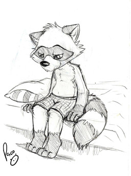 anthro cheek_tuft clothed clothing facial_tuft gloves_(marking) head_tuft leg_markings logo male markings navel sad sitting socks_(marking) solo striped_markings striped_tail stripes tail tail_markings topless tuft young young_anthro young_male pandapaco art_(pandapaco) mammal procyonid raccoon 2015 artist_logo hi_res monochrome signature sketch