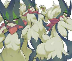 anthro biped blush breasts butt claws female fingers front_view fur green_body green_fur green_tail looking_at_viewer navel nude nude_anthro nude_female rear_view simple_background smile solo standing tail tongue bluepudding nintendo pokemon generation_9_pokemon meowscarada pokemon_(species) 2025 digital_drawing_(artwork) digital_media_(artwork) hi_res