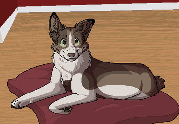 ambiguous_gender brown_body brown_fur brown_nose brown_pawpads detailed_background dog_bed feral fur green_eyes inside lying pawpads paws pet_bed smile smile_lines snout solo tail white_body white_fur sebdoggo border_collie canid canine canis collie domestic_dog herding_dog mammal pastoral_dog sheepdog 2013 aliasing cel_shading digital_drawing_(artwork) digital_media_(artwork) full-length_portrait low_res microsoft_paint_(artwork) portrait shaded female_(lore)