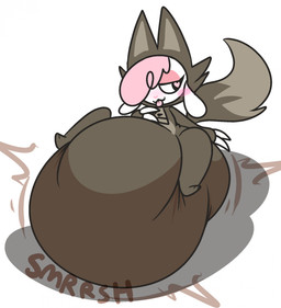 anthro big_diaper blush clothing costume diaper diaper_under_clothing excessive_feces feces female heart_nose heart_symbol huge_diaper hyper hyper_diaper hyper_feces hyper_soiling narrowed_eyes onomatopoeia scatplay simple_background soiled_diaper soiling solo sound_effects text tongue tongue_out unclean_diaper used_diaper white_background dummydoodles chikn_nuggit cofi_(chikn_nuggit) bovid caprine mammal sheep hi_res