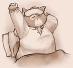 anthro bed bedding biped blanket clothing furniture kemono male one_eye_closed overweight overweight_male pajamas pillow solo stretching thebunslover lackadaisy horatio_bruno domestic_cat felid feline felis mammal 2024