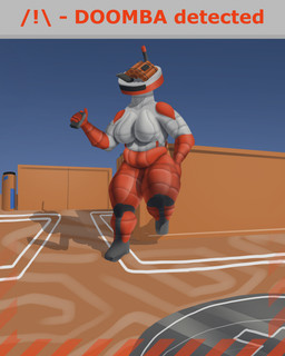 antenna_wire belly big_breasts black_feet breasts cleaning_tool detonator doomba dynamite exclamation_point explosives eyeless featureless_breasts feet female grey_body holding_object leaning_on_wall machine mouthless multicolored_body outside red_body red_text shadow sky slightly_chubby solo text thick_thighs two_tone_body vacuum_cleaner affront roomba synthetik humanoid robot robot_humanoid hi_res