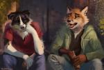 2017 alcohol anthro beer beverage blue_eyes border_collie canid canine canis clothed clothing collie domestic_dog door duo fangs floppy_ears fox herding_dog hoodie inner_ear_fluff jacket male mammal open_mouth outside pastoral_dog red_eyes sad sheepdog shirt sitting teeth topwear trunorth tuft vincollie whiskers