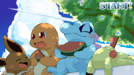 3_toes ambiguous_gender blue_body blush brown_body brown_fur cloud day dipstick_ears ear_markings eating eyes_closed feet food fruit fur group melon multicolored_ears open_mouth orange_body plant red_eyes smile text toes tongue tree tuft watermelon yellow_body tatu_wani nintendo pokemon charmander eevee generation_1_pokemon generation_2_pokemon pikachu pokemon_(species) scalie totodile 16:9 2020 english_text hi_res widescreen