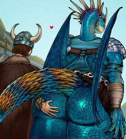 alternate_species anthro armor blue_body blue_scales bone bottomwear brown_hair butt butt_grab claws clothed clothing cosplay duo female fur_clothing hair hand_on_butt headgear heart_symbol helmet horn horned_helmet male male/female outside red_body red_scales scales sharp_teeth size_difference skirt skull skull_accessory teeth viking viking_helmet josephsuchus dreamworks how_to_train_your_dragon mythology astrid_hofferson hiccup_horrendous_haddock_iii stormfly deadly_nadder dragon human mammal mythological_creature mythological_scalie scalie hi_res