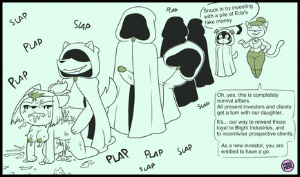 anthro bodily_fluids breasts cloak clothed clothed/nude clothing cum cum_drip cum_inside dialogue doggystyle dripping female forced forced_prostitution from_behind_position genital_fluids genitals group hooded_cloak interspecies male male/female misspelling nude onomatopoeia penis penis_poking_out prostitution rape ruined_makeup sex sound_effects speech_bubble text waiting_in_line missmess disney the_owl_house amity_blight luz_noceda odalia_blight canid canine canis domestic_cat domestic_dog felid feline felis mammal comic english_text hi_res