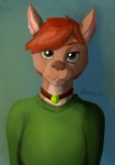 anthro clothing female gem hair inner_ear_fluff jewelry necklace red_hair smile solo sweater topwear tuft soovka ligia canid canine canis domestic_dog mammal half-length_portrait hi_res portrait