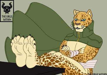 5_toes anthro armor barefoot belt blue_sclera bracers cape claws clothing collar crossed_arms feet finger_claws fingers foot_fetish foot_focus foot_on_table fur furniture green_clothing humanoid_feet looking_at_viewer male markings muscular muscular_anthro muscular_male plantigrade pointy_ears prick_ears sitting snout soles solo spots spotted_body spotted_fur table text toe_claws toes whiskers zipper the_urge_within third-party_edit atlus megami_tensei sega ose_(megami_tensei) felid leopard mammal pantherine 2019 color_edit colored english_text