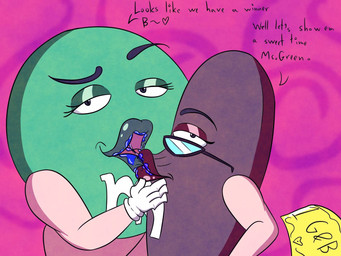 4_fingers anthro bite biting_another biting_lip biting_partner black_eyewear black_glasses black_text bodily_fluids brown_lips candy clothing dessert duo eyebrows eyelashes eyewear female female/female fingers food glasses gloves green_lips hand_on_another's_head handwear heart_symbol lips long_eyelashes mascot purple_background raised_eyebrow saliva saliva_on_tongue simple_background teasing teasing_viewer text ticket wet_lips white_clothing white_gloves white_handwear titaniumtoenail m&m's mars_incorporated brown_(m&m's) green_(m&m's) food_creature living_candy 2024 digital_drawing_(artwork) digital_media_(artwork) english_text hi_res
