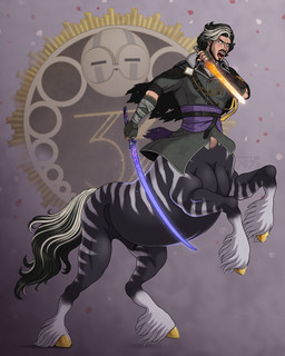 abstract_background beard black_hair blue_eyes clothing coat esquie facial_hair fetlocks fur glowing glowing_sword gold_(metal) gold_hooves hair highlights_(coloring) hooves male melee_weapon midriff petals solo striped_body striped_fur stripes stubble sword topwear weapon white_highlights frankly-art clair_obscur_expedition_33 european_mythology expedition_33 greek_mythology mythology verso_dessendre centaur equid equid_taur equine equine_taur humanoid humanoid_taur mammal mammal_taur taur 4:5 absurd_res hi_res