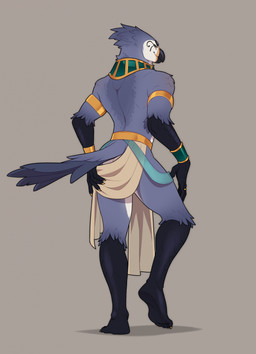 5_fingers 5_toes anthro armlet back_muscles beak blue_body bracelet claws clothed clothing facial_markings feathers feet fingers golden_claws grey_background hand_on_butt head_markings jewelry looking_at_viewer looking_back looking_back_at_viewer male markings neckwear partially_clothed pose scuted_arms scuted_hands scuted_legs scutes simple_background solo standing tail tail_feathers toe_claws toes hamgirl_(artist) egyptian_mythology middle_eastern_mythology mythology horus avian bird deity falcon falconid 2025 digital_media_(artwork) hi_res