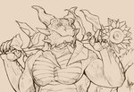 anthro cheek_spikes facial_spikes flower front_view horn looking_at_viewer male mouth_closed muscular muscular_anthro muscular_male pecs plant pupils scales simple_background slit_pupils solo spikes spikes_(anatomy) sunflower tail khyaber mythology dragon mythological_creature mythological_scalie scalie absurd_res half-length_portrait hi_res monochrome portrait