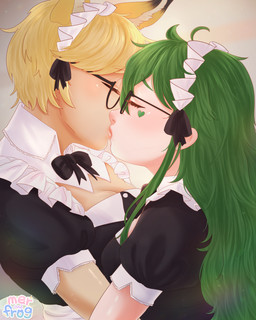 blonde_hair clothing dress duo ears_up eyes_closed eyewear female female/female glasses green_hair hair heart_symbol keyhole_clothing keyhole_dress kissing maid_uniform passionate uniform merandfrog vtuber copygirl lunarequest animal_humanoid canid canid_humanoid canine canine_humanoid fox_humanoid human humanoid mammal mammal_humanoid 4:5 absurd_res hi_res
