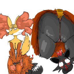 ambiguous_gender annoyed anthro big_butt blood bodily_fluids bottomwear butt clothed clothing clothing_lift disgusted_face duo enjoying female female/ambiguous feral genitals holding_bottomwear holding_clothing holding_object holding_skirt holding_skirt_down inner_labia legs_together looking_at_butt low-angle_view nosebleed pokemorph shocked skirt thick_thighs vulva wide_eyed wide_hips junaraar nintendo pokemon canid canine delphox generation_5_pokemon generation_6_pokemon mammal pokemon_(species) zorua 1:1 hi_res