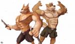 abs anthro belt biceps big_muscles biped bottomwear brown_body brown_fur brown_nose clothed clothing dog_tags duo eye_patch eyewear fangs fur grey_eyes knife looking_at_viewer male melee_weapon muscular muscular_male nipples obliques open_mouth pecs pink_nose scar shorts simple_background smile solo standing teeth topless triceps weapon cuson canid canine canis domestic_dog mammal