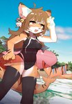 2023 anthro blush breasts camel_toe clothed clothing crayon_(artist) cute_fangs digital_media_(artwork) felid female female_anthro fur hair hi_res hybrid inflatable inner_tube kemono legwear long_hair mammal multicolored_body multicolored_fur multicolored_hair one-piece_swimsuit open_mouth pantherine shark_tail solo swimwear tail thigh_highs tiger tongue