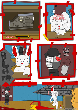 ambiguous_gender annoyed anthro bandage bandage_head belt bottomwear box breasts breath brick brick_wall cardboard cardboard_box caught caught_in_the_act clothed clothing comic_panel container dialogue doll door duo electronics exclamation_point eyes_closed eyewear female floating_hands fur glasses grey_body grey_skin kerchief knife looking_at_another looking_away mask melee_weapon multicolored_eyes profanity radio red_eyes red_eyewear red_glasses red_inner_ear sigh stitch_(sewing) tail text topwear wall_(structure) weapon white_body white_fur yellow_eyes otakon_(artist) 2spot_studio bloody_bunny_(series) madness_combat bloody_bunny hank_j._wimbleton animate_inanimate lagomorph leporid living_doll mammal nevadean_(madness_combat) rabbit absurd_res comic cover cover_art cover_page crossover digital_media_(artwork) english_text hi_res