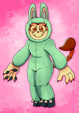 4_fingers anthro claws clothed clothed_anthro clothed_female clothing fangs female fingers fur green_clothing hooves looking_at_viewer mouth_closed onesie pattern_background paws pink_background raised_tail simple_background smile smiling_at_viewer solo standing star star-shaped_background star_polygon stinger stinger_tail tail teeth wide_eyed travis_fowler dungeon_flippers iranian_mythology middle_eastern_mythology mythology maulie_(dungeon_flippers) felid labubu mammal manticore 2025 hi_res