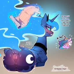 anus blue_body butt dialogue eyelashes female feral genitals horn pupils quadruped simple_background smile tail text three-quarter_view vulva wings cold-blooded-twilight friendship_is_magic hasbro my_little_pony mythology princess_luna_(mlp) equid equine mammal mythological_creature mythological_equine winged_unicorn hi_res
