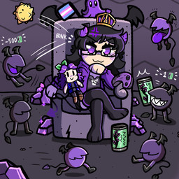 :3 blush bottomwear chair clothing console crossed_legs crown furniture group headgear horn legwear lgbt_pride looking_at_viewer not_furry plushie pride_colors purple_blush purple_eyes skirt spade_tail tail thigh_highs throne transgender_pride_colors ikeychain arizona_iced_tea abigail_(stardew_valley) akira_williams demon demon_humanoid fish horned_humanoid humanoid marine pufferfish tetraodontiform voidling 1:1 2025 absurd_res hi_res trans_(lore) trans_woman_(lore)