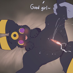 black_body black_fur blush bodily_fluids cum cum_in_vagina cum_inside duo ejaculation female feral fur genital_fluids genitals good_girl humanoid_genitalia humanoid_genitalia_on_feral humanoid_vulva humanoid_vulva_on_feral nude open_mouth simple_background solo_focus spiral spiral_eyes spread_legs spreading tail text vaginal_fluids vaginal_squirting vulva snoiifoxxo nintendo pokemon eeveelution generation_2_pokemon pokemon_(species) umbreon 1:1 english_text hi_res
