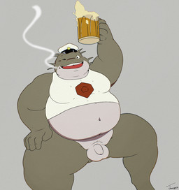 alcohol anthro balls beer belly beverage big_belly biped blush clothing flaccid genitals hat headgear headwear humanoid_genitalia humanoid_hands humanoid_penis male moobs navel one_eye_closed overweight overweight_male penis shirt simple_background small_penis smoking solo topwear wink jamejarrs vivarium_(game) aquatic catfish fish 2026 hi_res