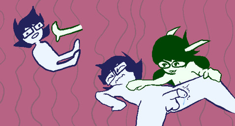 blue_hair bodily_fluids duo eyewear genital_fluids genitals glans glasses green_hair hair humanoid_genitalia humanoid_penis lying male on_back penis precum pushing rectangular_glasses throbbing throbbing_penis white_body white_skin alyfia homestuck ms_paint_adventures jade_harley john_egbert animal_humanoid canid canid_humanoid canine canine_humanoid dog_humanoid human humanoid mammal mammal_humanoid