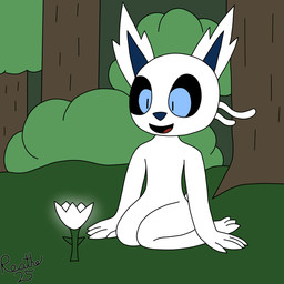anthro black_mouth black_sclera blue_eyes blue_inner_ear blue_nose female flower grass kneeling open_mouth open_smile outside plant red_tongue shrub sitting smile solo tail tongue tree white_body white_ears white_tail reathe pacil_(reathe) unknown_species 1:1 2025 colored digital_drawing_(artwork) digital_media_(artwork) flat_colors hi_res signature
