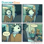 1:1 2022 anthro bathroom beanie blep blush bottomwear bovid bunny_slippers canid canine canis caprine clapping clothed clothing comic crocodile crocodilian crocodylid detailed_background dialogue doginacafe domestic_dog dot_eyes dress_shirt duncan_(doginacafe) ear_piercing eddie_(doginacafe) emanata english_text eyes_closed eyewear flustered footwear four_frame_image fur genderfluid gesture glasses goat group hair hand_gesture hat headgear headwear hi_res horn husky inside jacket kip_(doginacafe) male mammal mason_(doginacafe) mirror motion_blur motion_lines multiple_scenes nonbinary_(lore) nordic_sled_dog onomatopoeia pants piercing ponytail reflection reptile rug scales scalie scarf shirt shoes sink sitting slippers smile sound_effects spitz standing sweater tail tail_motion tailwag text thought_bubble thumbs_up tongue tongue_out topwear towel tuft url