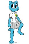 anthro blue_body blue_fur bottomwear clothed clothing decorative_pin female fur hand_on_hip simple_background skirt solo standing white_background skybeatz cartoon_network the_amazing_world_of_gumball nicole_watterson domestic_cat felid feline felis mammal 2019 absurd_res digital_media_(artwork) hi_res