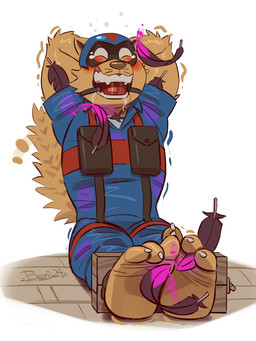 3_toes anthro arm_tuft armor ball_gag barefoot blue_clothing blush bodily_fluids brown_nose cheek_tuft claws clothed clothed_anthro clothed_male clothing crying_laughing drooling elbow_tuft facial_tuft feet foot_fetish fur fur_tuft gag gagged headgear helmet laugh loose_feather male pouch_(clothing) restrained restraints saliva simple_background sitting smile solo stocks tail tan_body tan_fur tears teeth tickle_fetish tickle_torture tickling tickling_armpits tickling_chin tickling_ears tickling_feet tickling_toes toe_claws toes tuft white_background benj24 hanna-barbera swat_kats chance_furlong t-bone_(swat_kats) domestic_cat felid feline felis mammal 3:4 hi_res