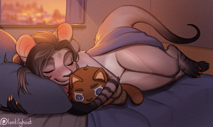 anthro bed biped claws eyes_closed feet female fingers fur furniture genitals hair inside lying nude nude_anthro nude_female on_side pillow plushie sleeping smile solo tail toes vulva window lentilghost mammal mouse murid murine rodent 2026 digital_drawing_(artwork) digital_media_(artwork) hi_res