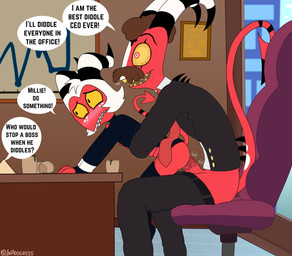 anal blush blush_lines bottomwear bottomwear_down clothed clothing coffee_cup container cup dialogue duo fake_mustache freckled_face freckles genitals male male/male motion_lines necktie office pants pants_down partially_clothed penis questionable_consent sex sitting text inprogress hellaverse helluva_boss blitzo_(helluva_boss) moxxie_(helluva_boss) demon imp absurd_res english_text hi_res