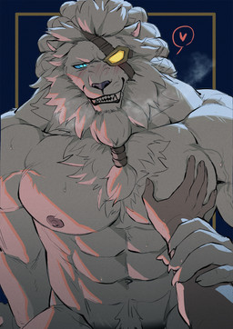 abs ambiguous_gender anthro anthro_focus areola barazoku biceps big_muscles big_pecs blush bodily_fluids braided_mane breath claws duo eye_patch eyewear first_person_view front_view fur hand_on_chest hand_on_pecs heart_symbol huge_muscles human_on_anthro interspecies kemono looking_at_viewer male male/ambiguous male_focus mane muscular muscular_anthro muscular_male navel nipples nude pec_grab pecs pubes serratus simple_background smile solo_focus standing sweat teeth tuft wrist_grab alphsbeep league_of_legends riot_games tencent rengar_(lol) felid human lion mammal pantherine 2025 hi_res