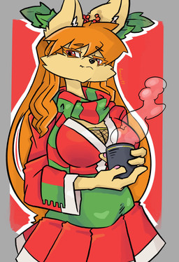 accessory anthro asian_clothing bow_ribbon breasts christmas_clothing clothed clothing container cup ear_tuft east_asian_clothing facial_tuft fangs female fishnet_clothing fishnet_topwear fur green_clothing grey_background hair hair_accessory hair_down hair_on_shoulders holding_container holding_cup holding_object holidays holly_(plant) hot_beverage japanese_clothing kimono long_hair looking_at_viewer orange_body orange_fur orange_hair outline pawpads plant red_background red_clothing red_eyes sash scarf simple_background smug solo standing steam teeth text topwear tuft white_clothing snoutless christmas undertale undertale_(series) undertale_yellow ceroba_ketsukane canid canine fox mammal 2026 absurd_res artist_name digital_drawing_(artwork) digital_media_(artwork) hi_res